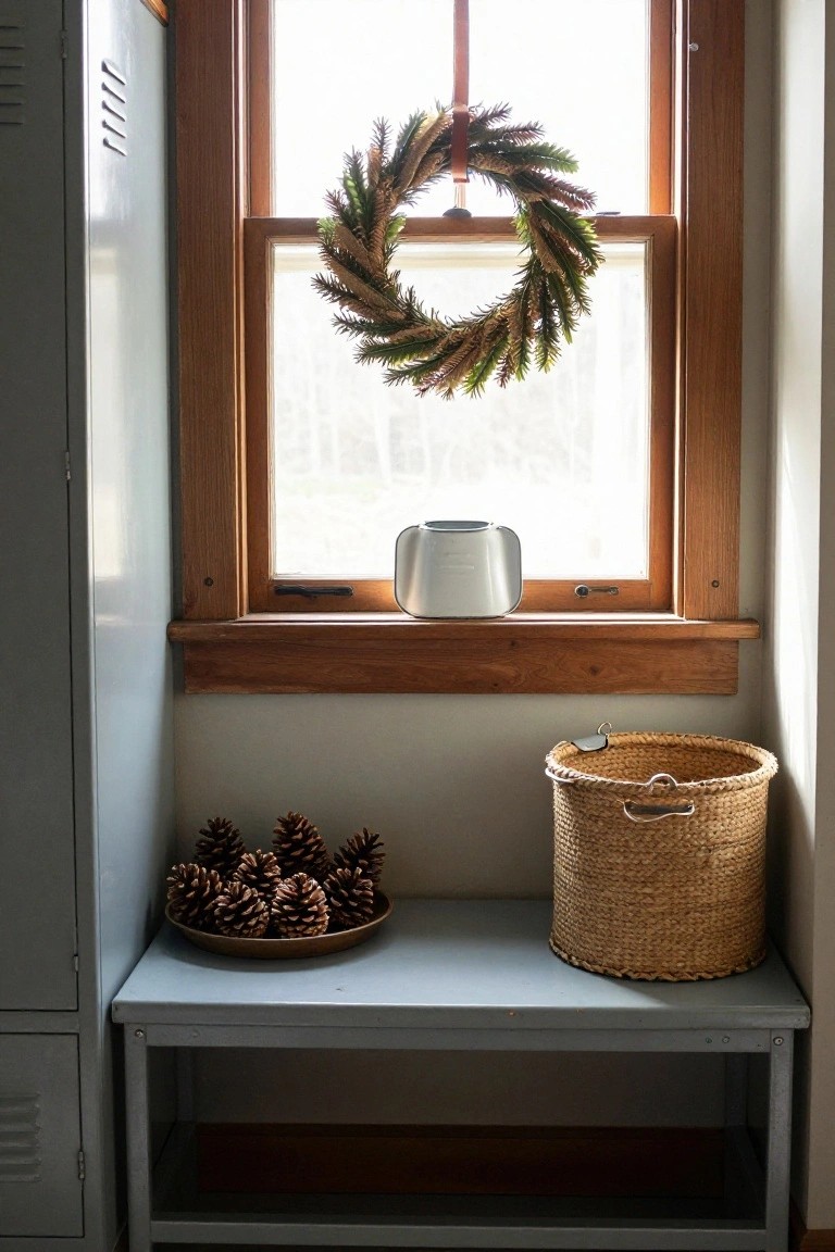 Rustic wreath of mixed green and brown evergreens hanging on an interior wood-framed window above a gray bench holding pinecones in a brown dish and a tall woven basket, next to a gray metal locker.