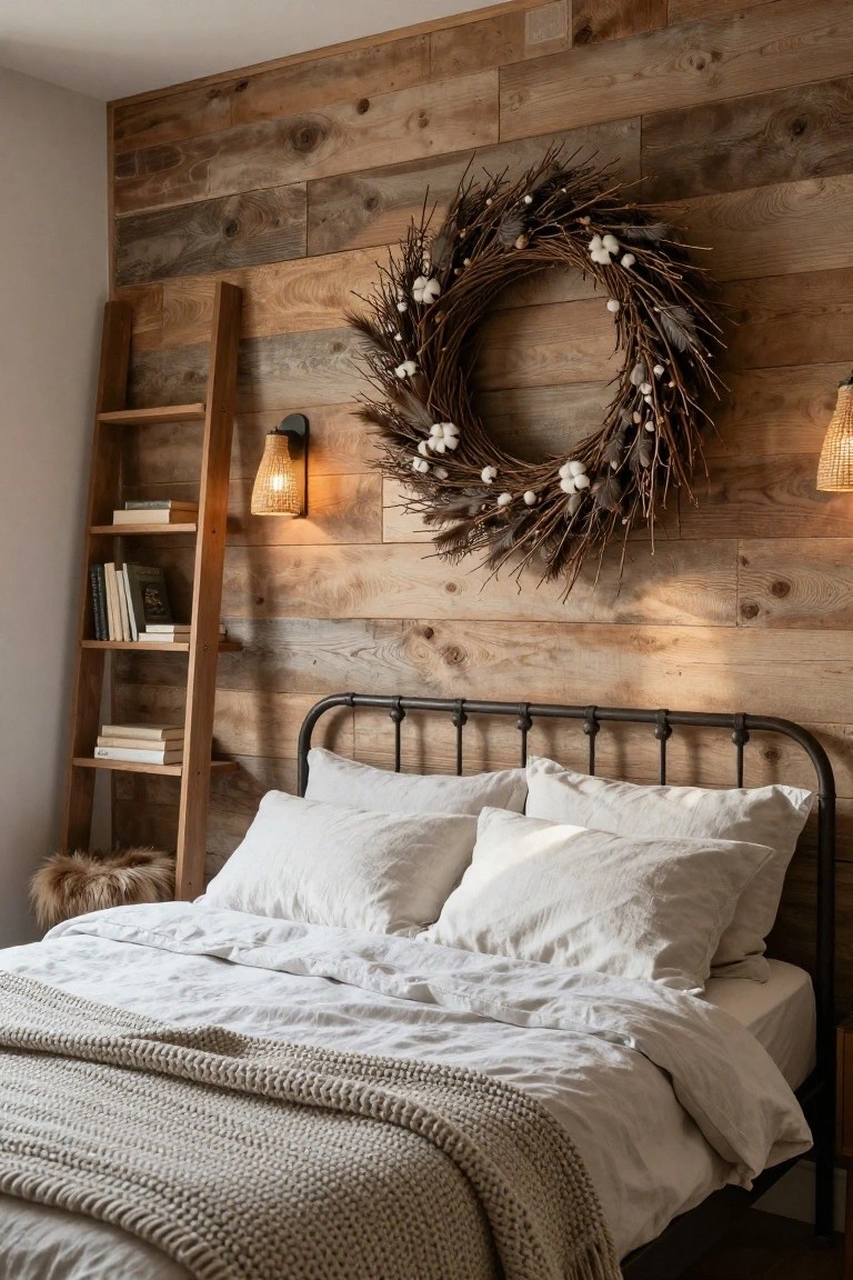 Cozy bedroom with reclaimed wood plank accent wall, black metal bed frame, white linens, ladder shelf with books, large wreath of cotton bolls and dried elements above the bed, and rattan wall sconces.