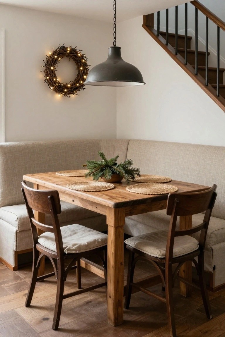 Cozy beige corner booth with wooden table, seagrass placemats, fir branches in a bowl centerpiece, wooden chairs with cushions, lit twig wreath on white wall, black pendant light above, and wooden staircase nearby.