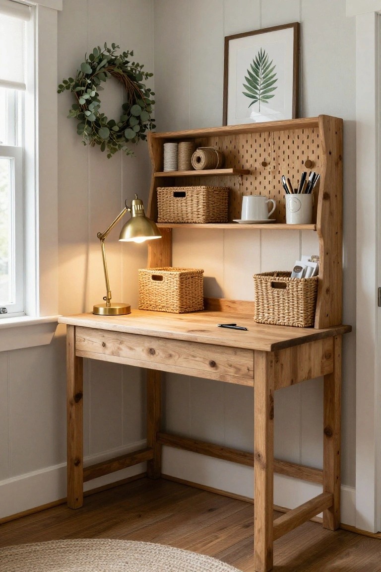 Rustic Wreath Over Desk Hutch