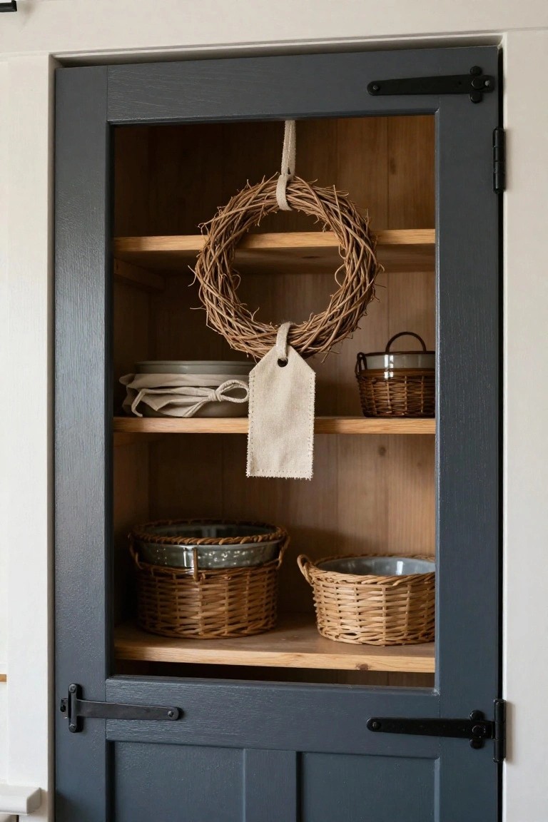 Open glass-front wooden cabinet with navy painted doors and black hinges, shelves inside holding a hanging grapevine wreath with fabric tag, stacked white dishes, wicker baskets, and ceramic bowls.