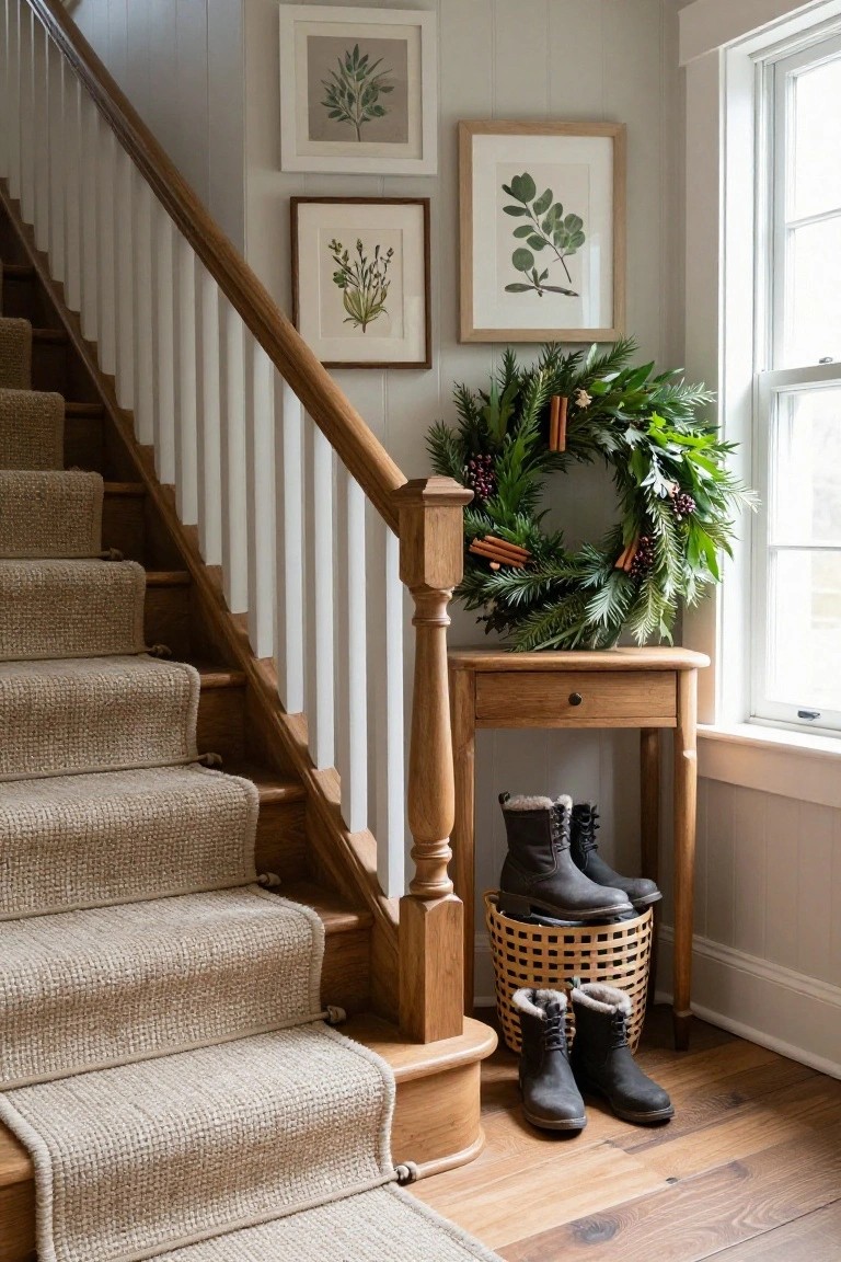 Wooden staircase corner with beige carpet runner, green evergreen wreath adorned with cinnamon sticks and berries on the newel post, small wooden table with boots in a wicker basket, botanical prints on pale gray walls, and a window.
