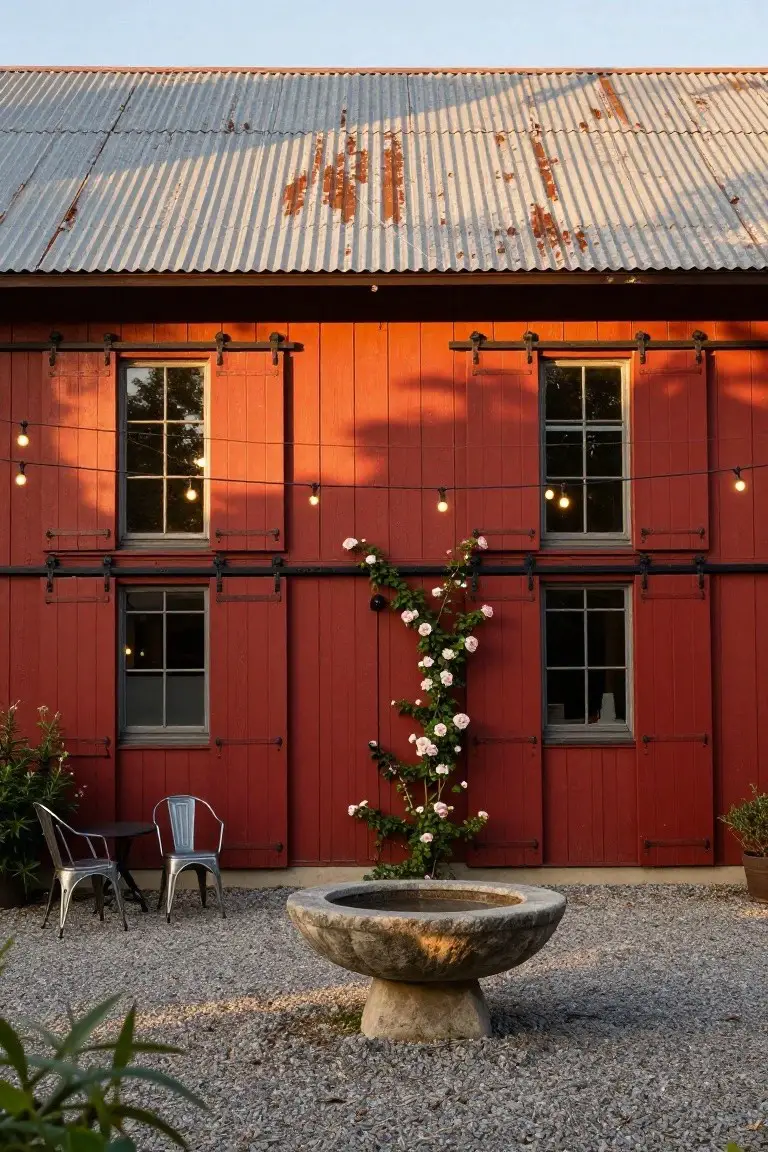 Red wooden barn exterior with sliding black metal shutters over multi-pane windows, string lights, climbing pink roses, two metal chairs at a small table, stone basin fountain, and gravel ground in front.