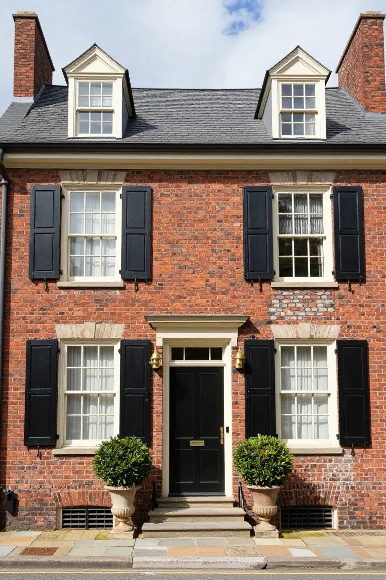 Two-story red brick townhouse with black shutters on multi-pane windows, a centered black front door flanked by lanterns, and large potted topiary shrubs on either side of the entry steps.