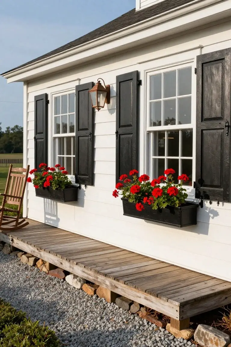 White clapboard house side exterior featuring two double-hung windows with black wooden shutters and black window boxes filled with red geraniums, a copper lantern light between them, wooden porch with rocking chair, gravel ground with rocks.