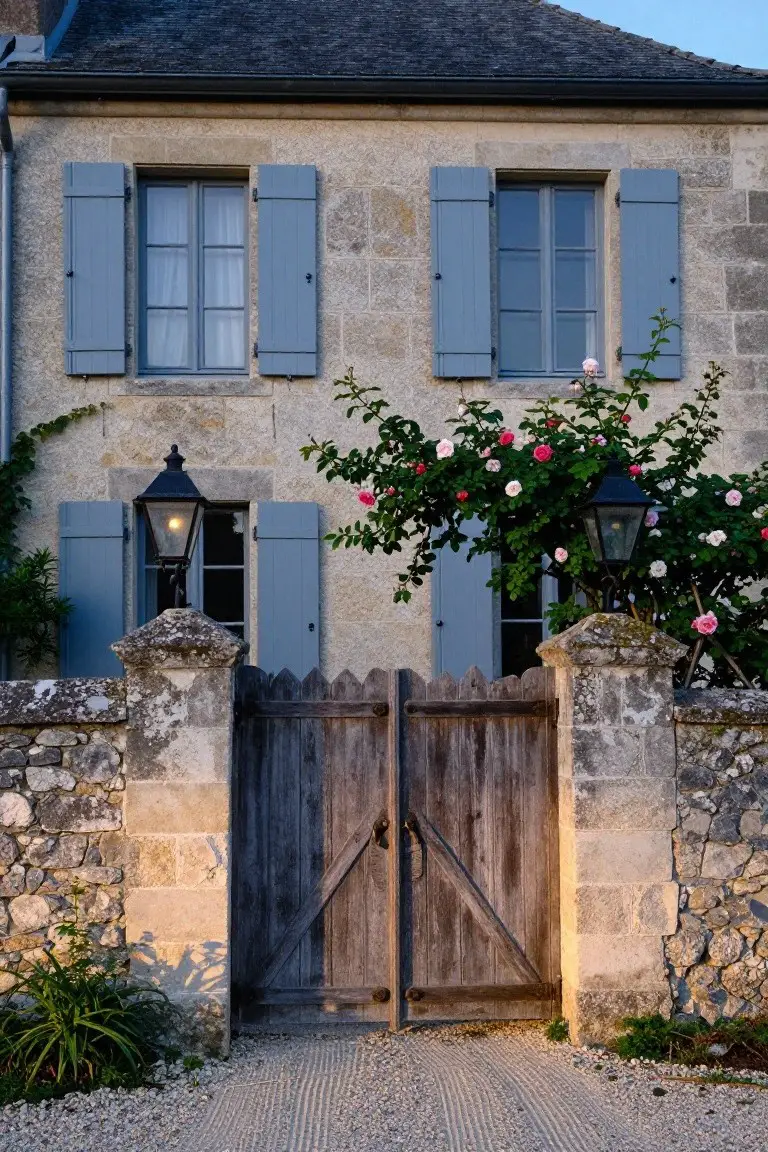 Stone house exterior with light blue wooden shutters on windows, wooden double gate between stone pillars, lanterns on walls, climbing roses, and gravel path at dusk.