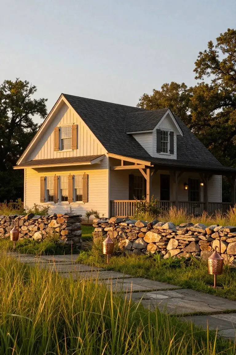 White board-and-batten house with dark louvered shutters on windows, gabled dark roof, covered porch, stone wall boundary, copper lanterns, stone path through tall grasses, trees and sunset sky.