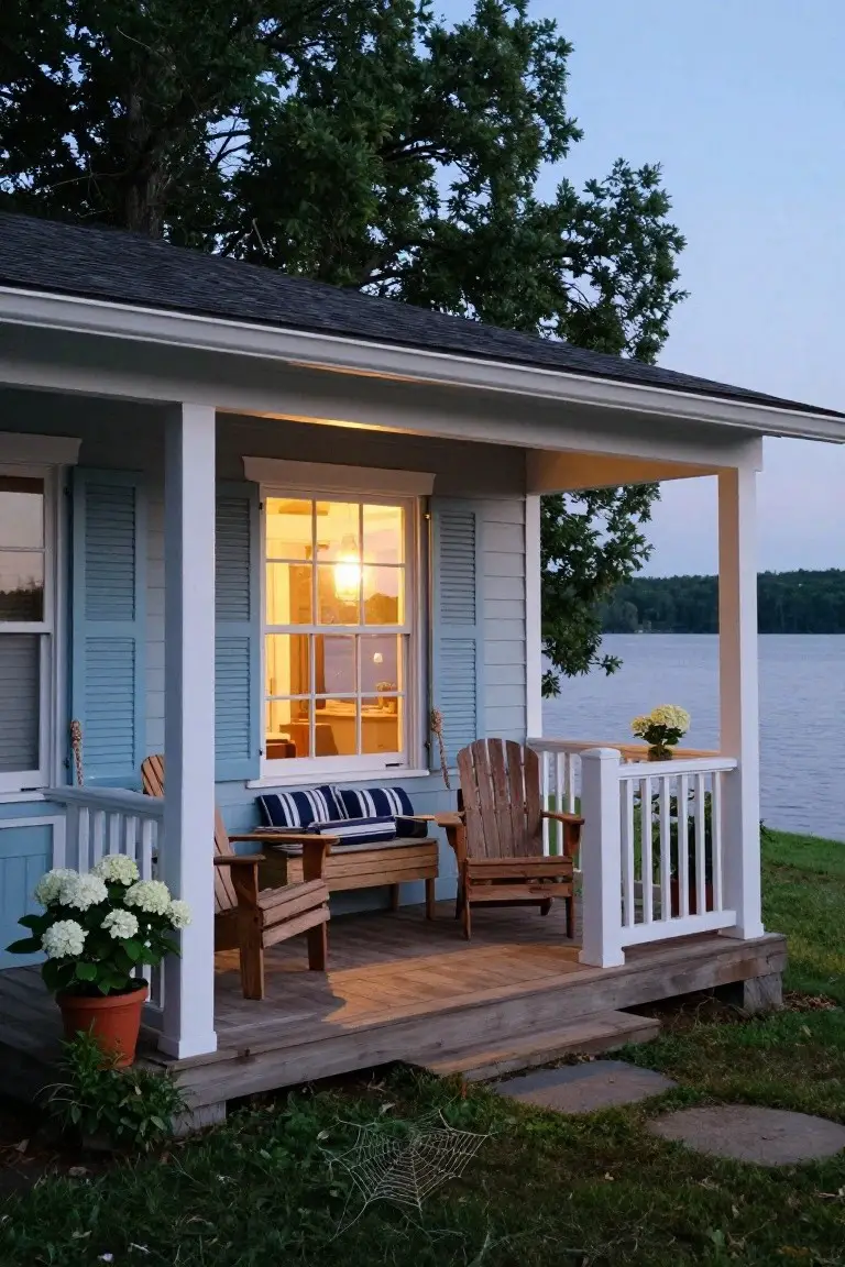 Light blue clapboard cottage with matching blue louvered shutters on windows, wooden porch with Adirondack chairs and cushions, potted hydrangeas, overlooking a lake at dusk with trees in the background.