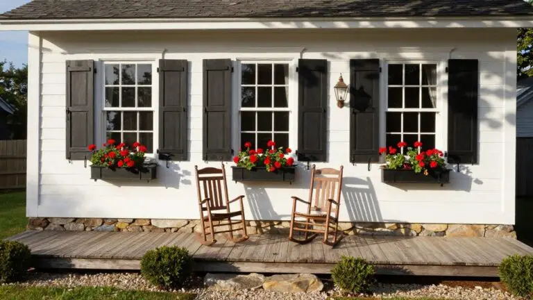 White clapboard house side exterior featuring two double-hung windows with black wooden shutters and black window boxes filled with red geraniums, a copper lantern light between them, wooden porch with rocking chair, gravel ground with rocks.