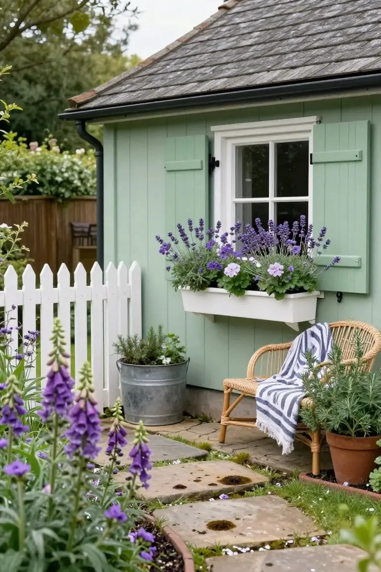 Light green wooden garden shed with matching green louvered shutters on a four-pane window, white window box filled with purple lavender and pink flowers, rattan chair draped with striped throw blanket nearby, potted plants, foxgloves, and stone path in front.