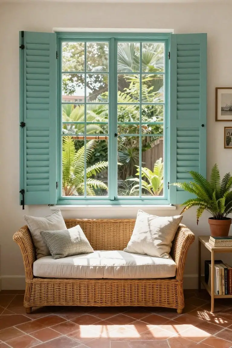 Indoor seating area featuring a wicker loveseat with white and gray cushions in front of open teal louvered shutters on a large window overlooking lush tropical garden plants, with a potted fern, side table holding books, and terracotta tile floor.