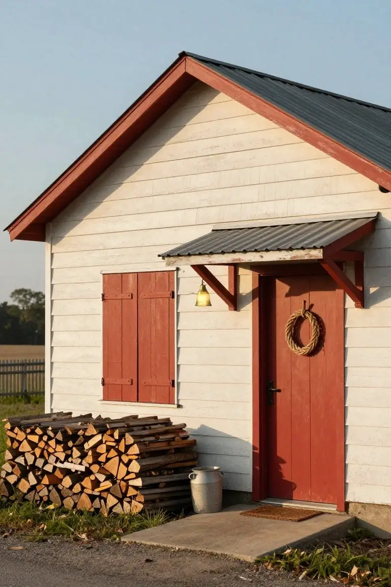 White clapboard house with red shutters on one window, red front door with rope wreath, metal awning over the entry, stack of firewood, and milk pail nearby on a gravel path.