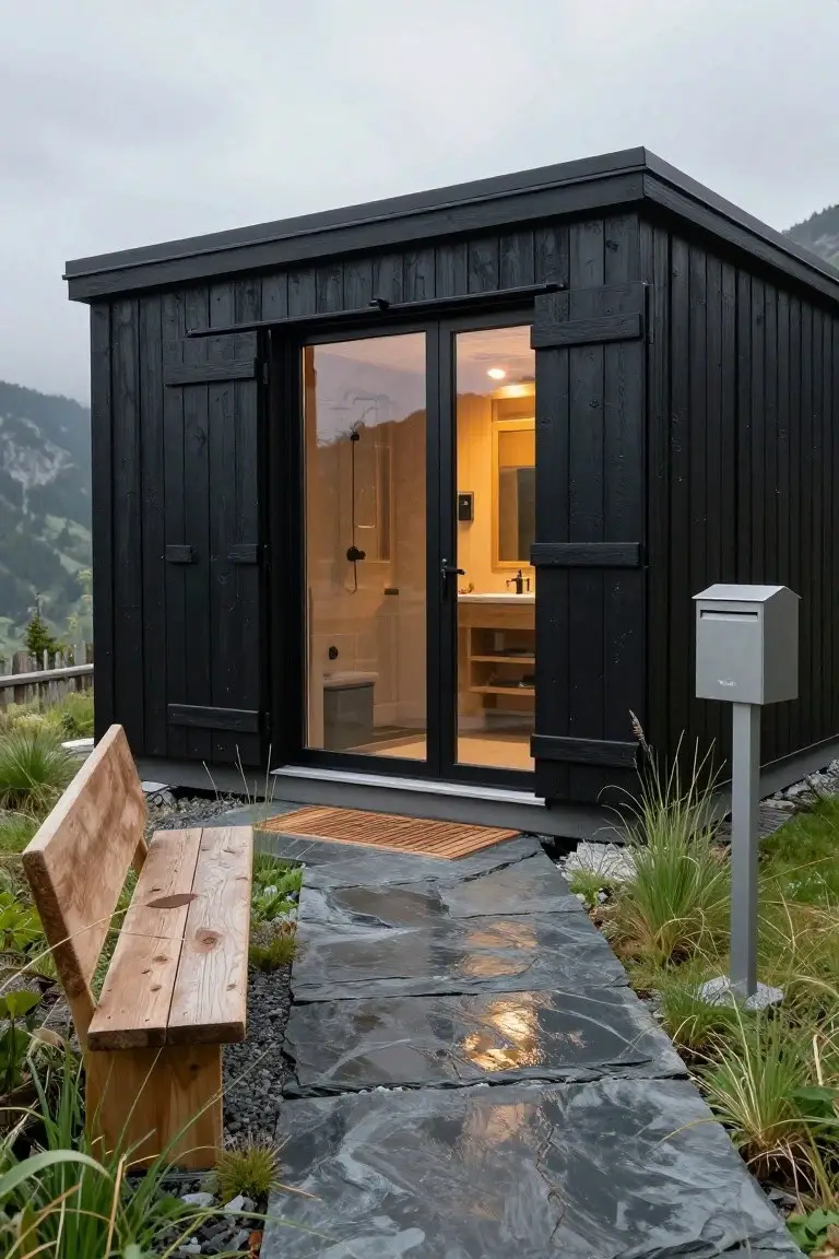 Rustic Black Shutters Around Glass Doors