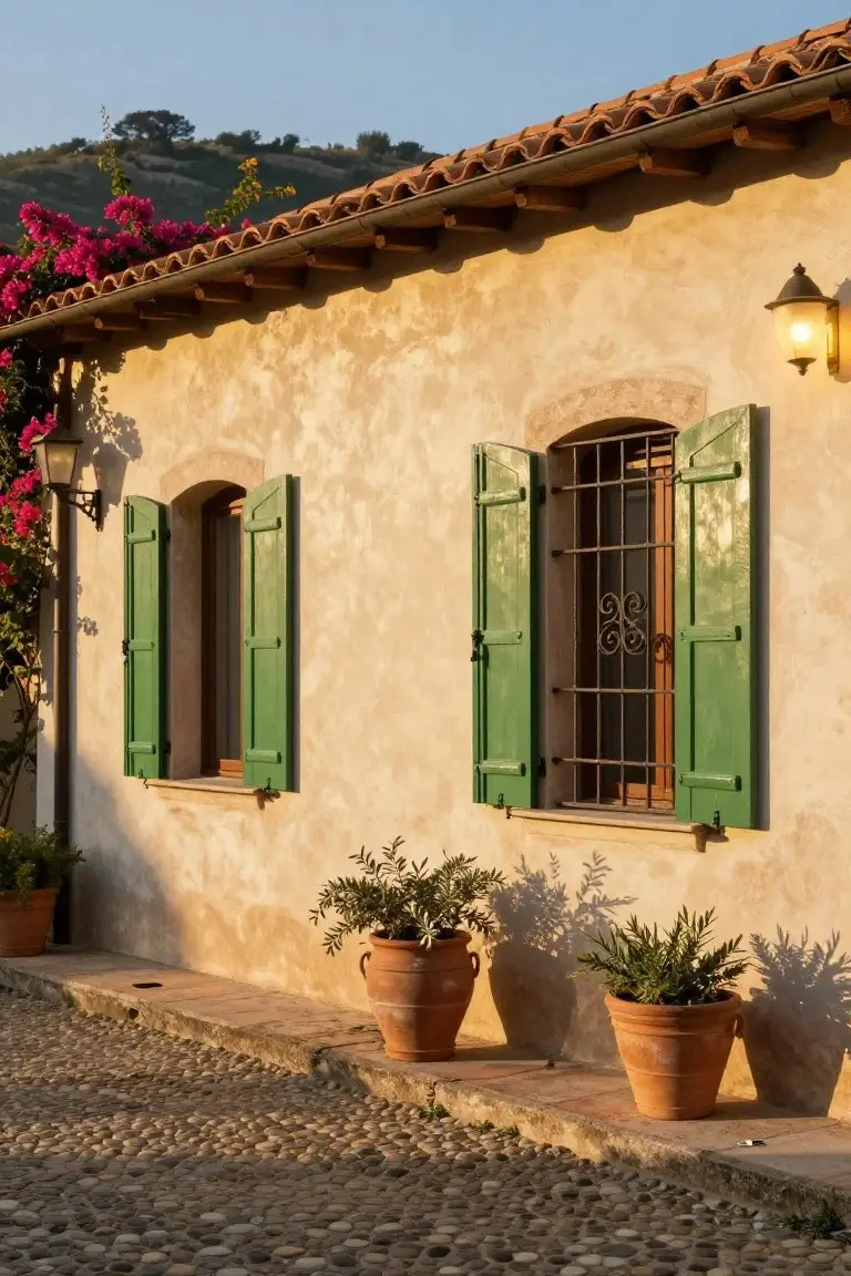 Beige stucco exterior wall with open green shutters on two arched windows with wrought iron grilles, terracotta pots of olive plants below, bougainvillea vines and a lantern nearby, along a cobblestone path.