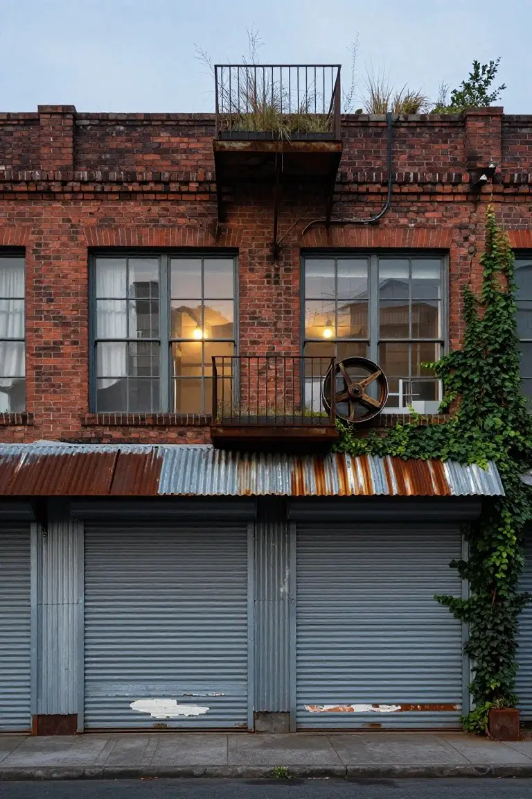 Two-story red brick building with large gray corrugated metal roller shutter doors at street level, large multi-pane windows above with interior lights visible, small metal balconies, ivy climbing the right side, and a large rusted metal wheel mounted near a window.