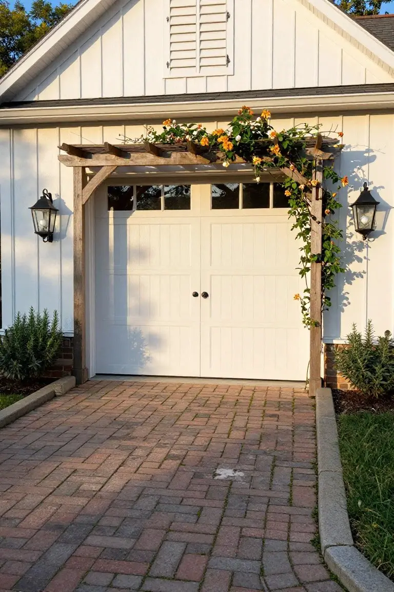 White garage door on board-and-batten siding house with wooden pergola draped in orange climbing flowers, black lanterns flanking it, and brick paver driveway.