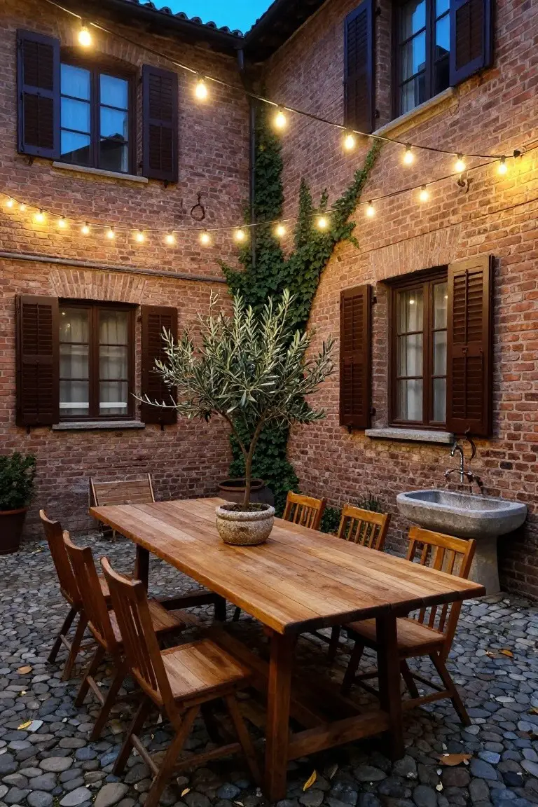 Brick courtyard at dusk with dark wooden shutters on surrounding windows, wooden dining table and chairs, potted olive tree, stone sink, ivy on walls, and string lights overhead on pebble floor.