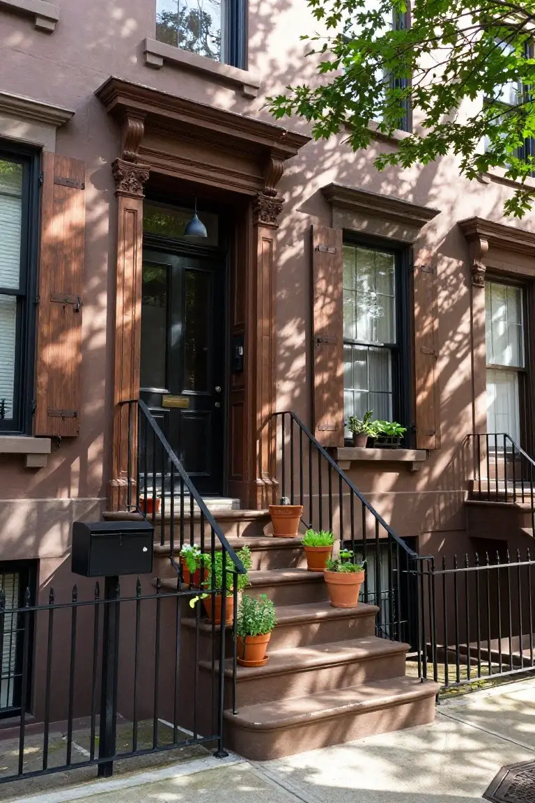 Brownstone townhouse exterior with dark wooden louvered shutters on windows flanking a black front door, wrought iron steps with terracotta pots of plants, and a black mailbox at the base.