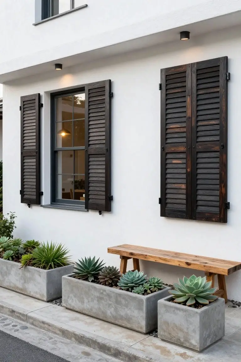 White stucco exterior wall with dark wooden louvered shutters on either side of a lit window, recessed ceiling lights, a wooden bench, and three concrete planters containing succulents along the base.
