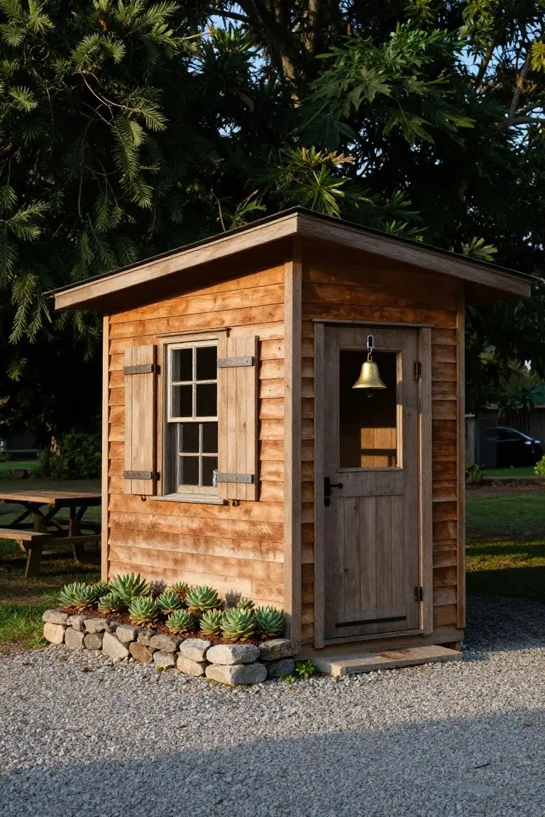 Small wooden shed with slatted shutters on a single window, wooden door with brass bell, succulents in rock border at base, on gravel area near picnic table and trees.
