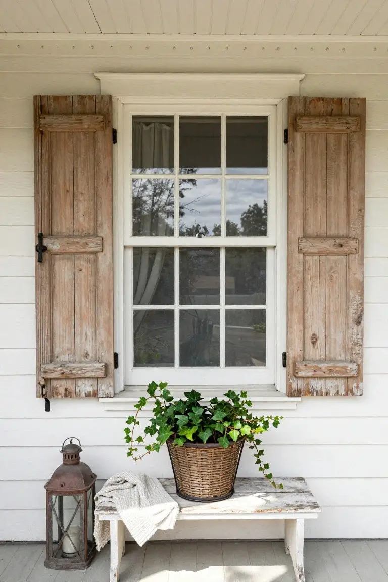 White clapboard house exterior with a six-over-six double-hung window flanked by open weathered wooden shutters, ivy plant in a wicker basket on a white bench, and a metal lantern on a porch floor.