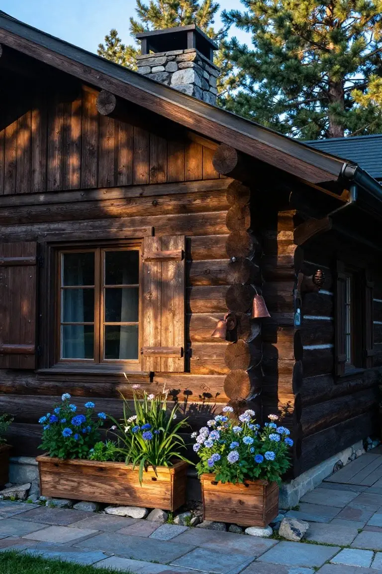 Corner view of a log cabin exterior with wooden shutters on two windows, wooden flower boxes planted with blue and white flowers, a copper bell and pinecone decoration, stone chimney, and surrounding pine trees on a paved stone path.