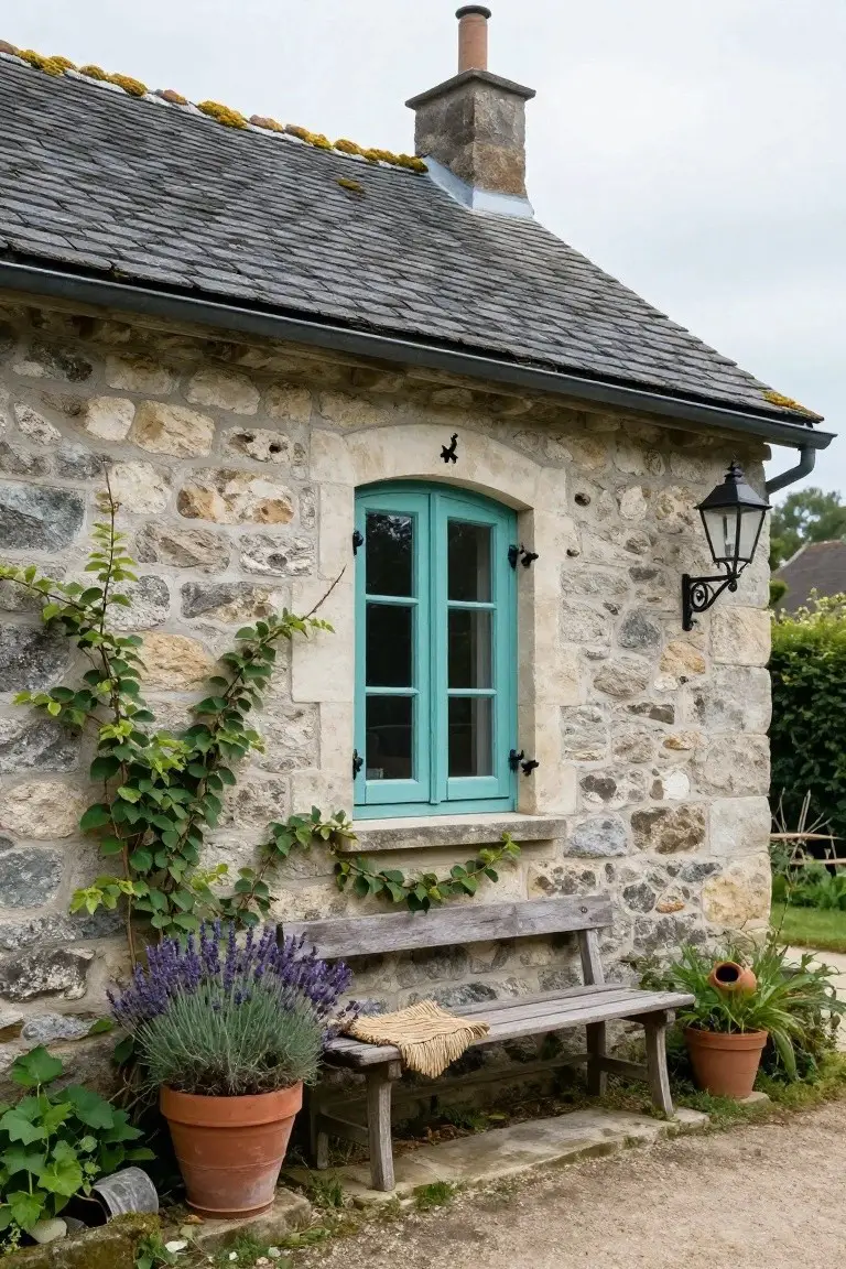 Stone cottage exterior corner with arched window framed by open turquoise shutters, climbing ivy on walls, potted lavender plant, weathered wooden bench with blanket, wall lantern, and gravel path.