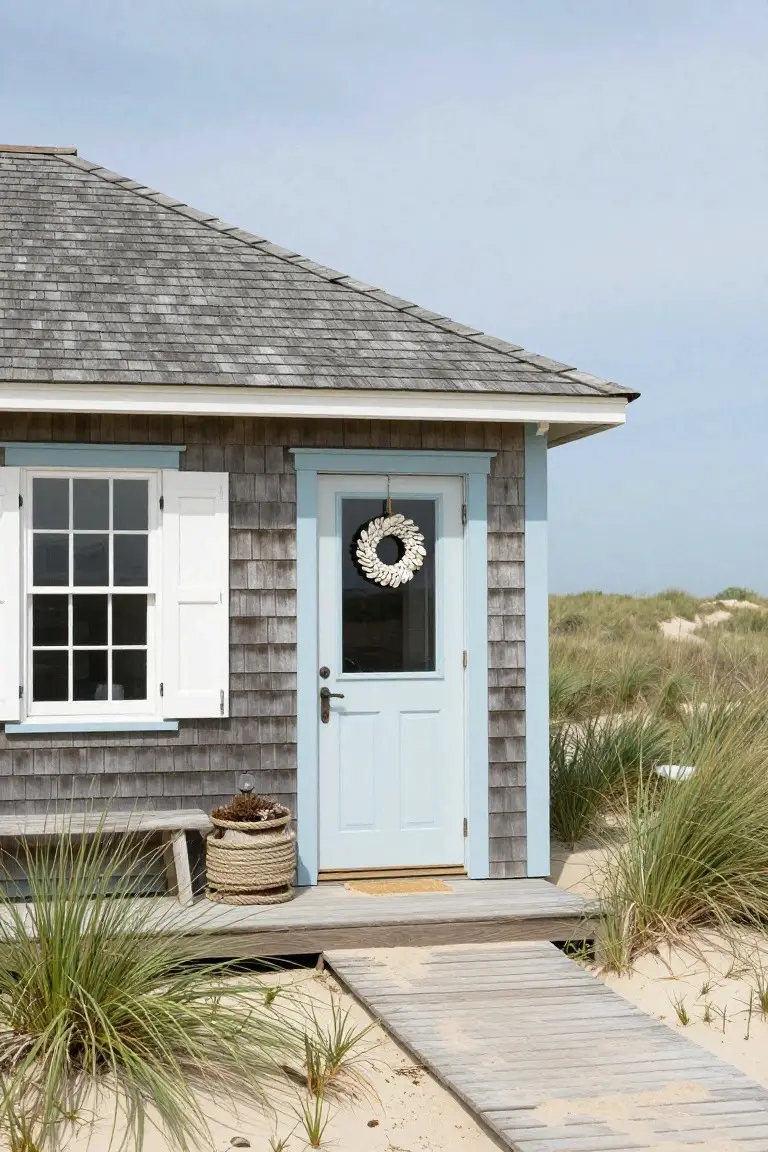 Gray shingled beach house corner with blue door featuring a seashell wreath, adjacent white-shuttered window with blue trim, wooden bench, potted plant, and boardwalk path amid sand dunes and beach grass.