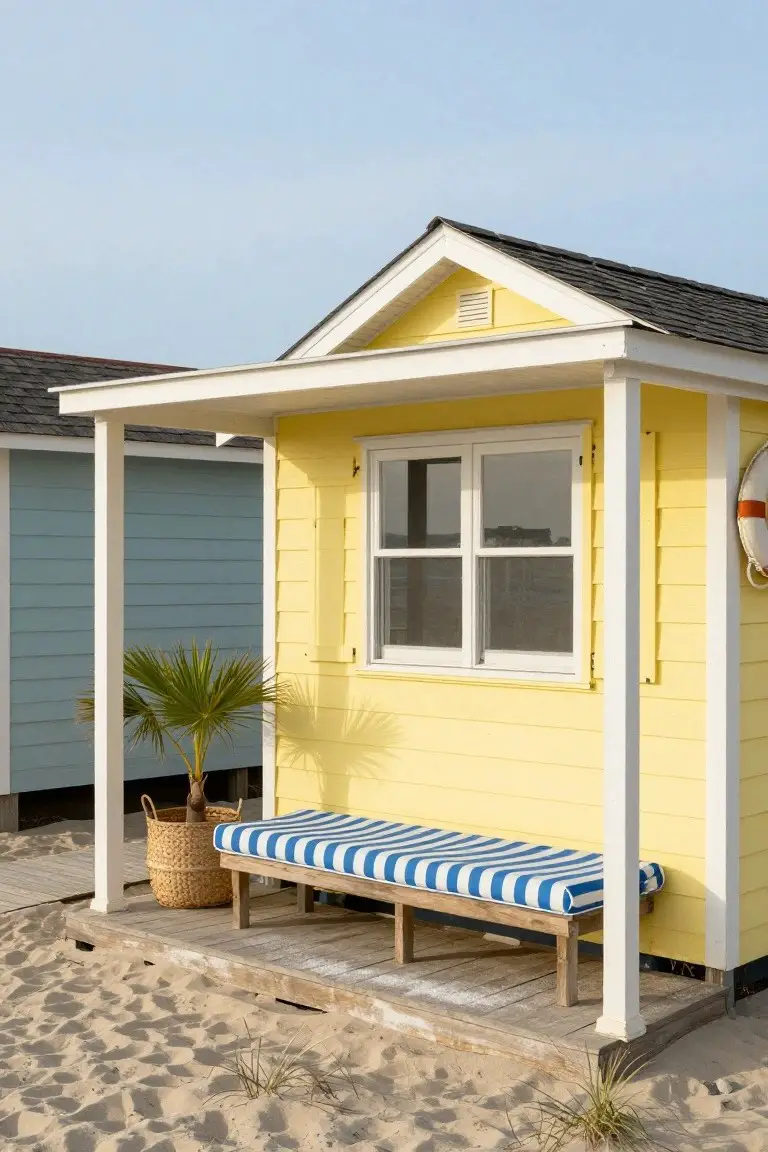 Yellow clapboard beach hut with white trim, louvered shutters beside a double-pane window, blue-and-white striped bench on wooden porch, potted palm in woven basket, adjacent blue hut, sandy beach with dune grass.