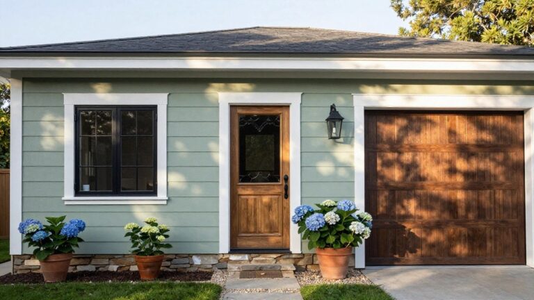 19 Sage Green Exterior House Colors Ideas Sage green board-and-batten house exterior with white trim, black shutters, wooden front door with glass panels, potted blue hydrangeas flanking stone steps, lantern light, and green garage door.