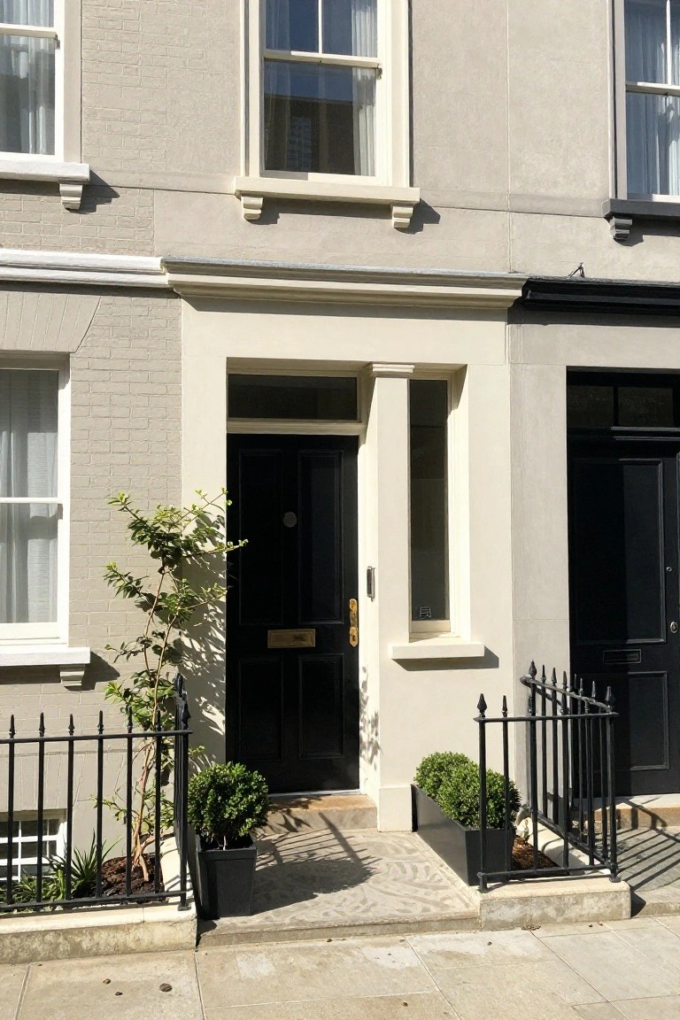 Three-story terraced house with pale sage green stucco walls, black front door, white sash windows, iron railing enclosing potted plants at the entrance, and adjacent black-doored houses on a paved sidewalk.