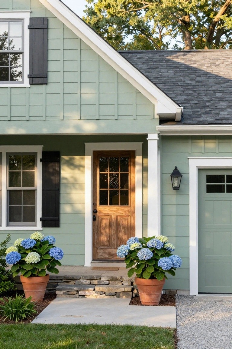 Sage green board-and-batten house exterior with white trim, black shutters, wooden front door with glass panels, potted blue hydrangeas flanking stone steps, lantern light, and green garage door.