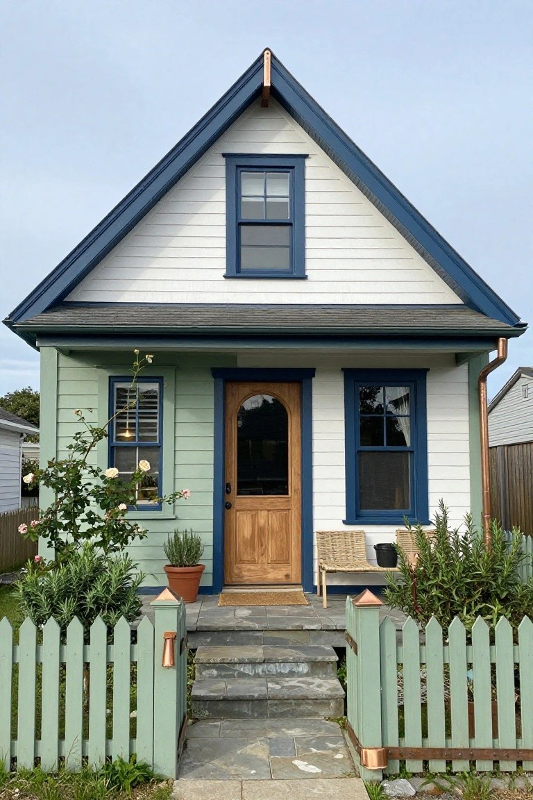 Front view of a small gabled cottage house with sage green lower siding, white shiplap upper walls, navy blue trim on windows and roofline, wooden arched front door, potted plants, woven chairs, and sage green picket fence.