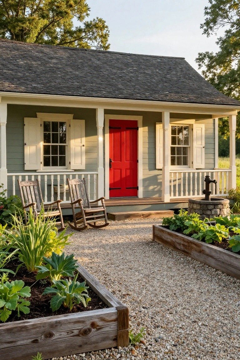 Small sage green clapboard cottage with white shutters and trim, red front door, covered porch with two wooden rocking chairs, stone well pump, raised wooden garden beds with plants, and gravel path.