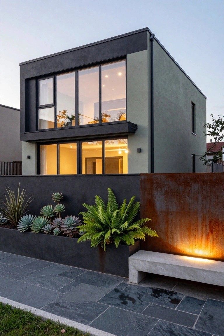 Corner view of a modern boxy house at dusk with sage green stucco walls, black cladding and window frames, large lit windows, a dark privacy wall, rusted metal screen, succulent plantings, ferns, concrete bench, and dark slate paver path.