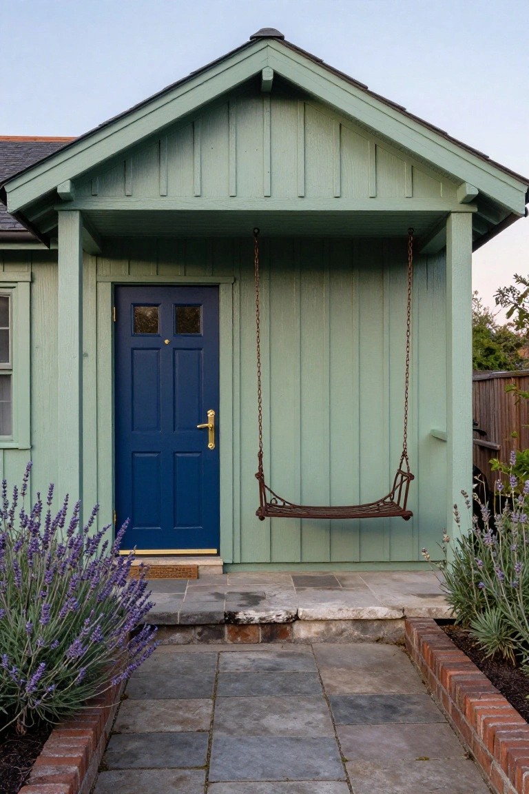 Sage green vertical board-and-batten shed with gabled roof, navy blue four-panel door, hanging metal porch swing under porch overhang, lavender plants along brick-edged stone path.