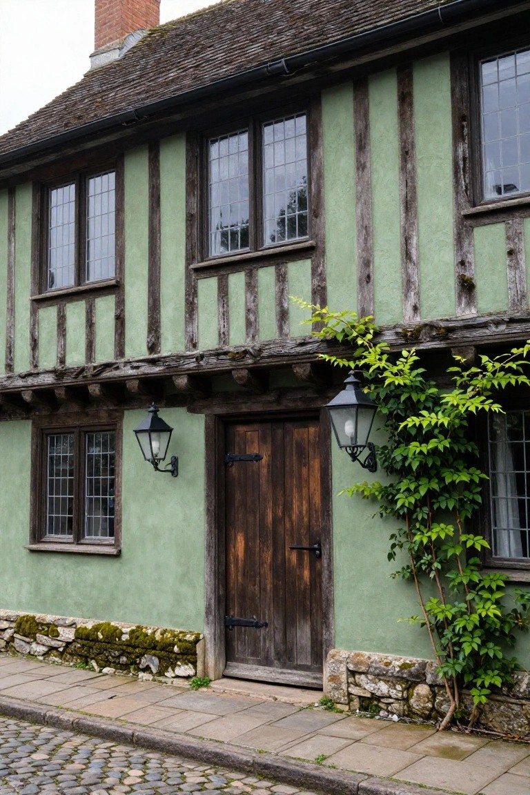Two-story green half-timbered house with dark wooden beams, leaded glass windows, wooden front door flanked by black lanterns, climbing ivy on the wall, mossy stone base, and cobblestone street.
