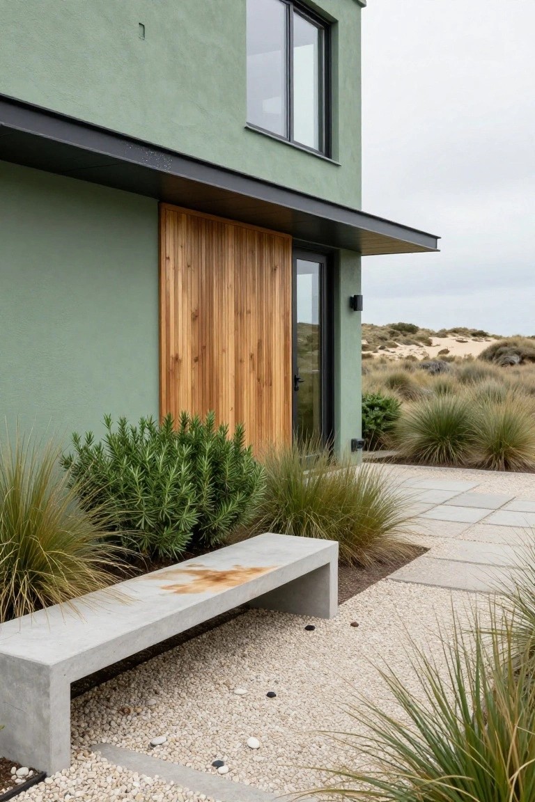 Side exterior of a modern sage green house with vertical wooden slat door under black metal overhang, concrete bench, grasses, gravel, pavers, and sand dunes in background.