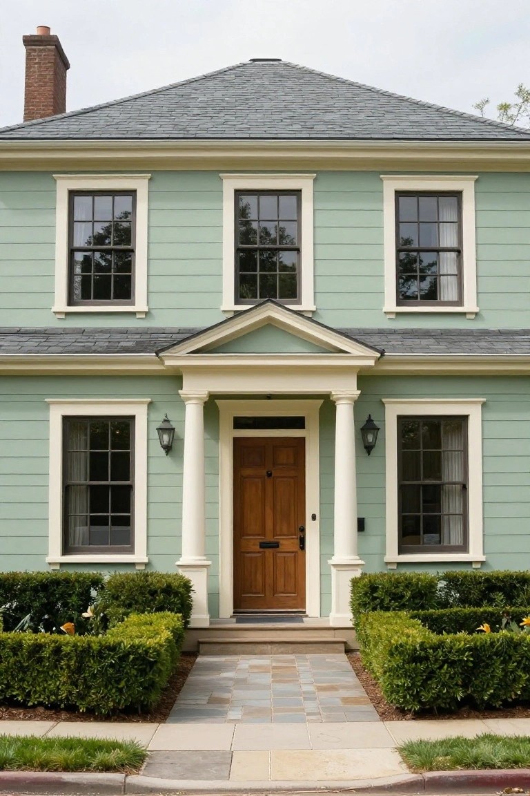 Two-story house painted sage green with white trim around multiple windows, a centered wooden front door with flanking columns and lanterns, gray slate roof, and boxwood hedges bordering a stone front walkway.