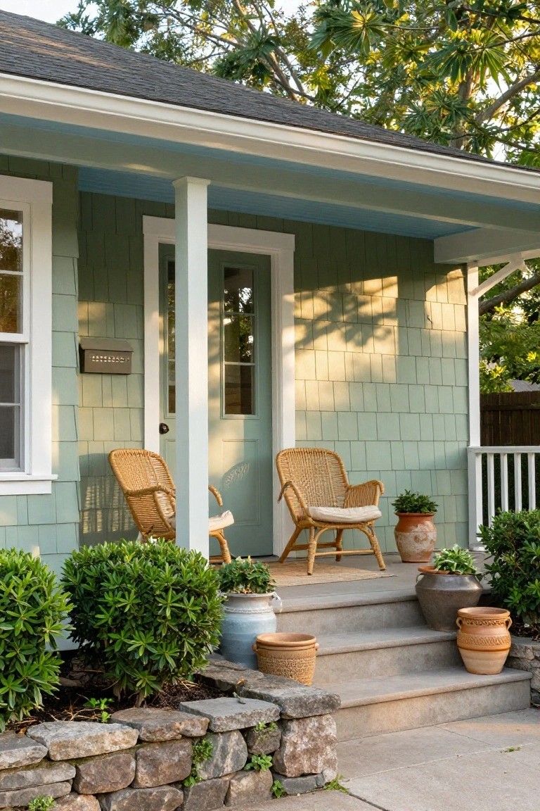 Sage green shingle-sided bungalow house with white trim, turquoise porch ceiling, two wicker chairs on the porch, potted plants and boxwood shrubs along the stone retaining wall and concrete steps.