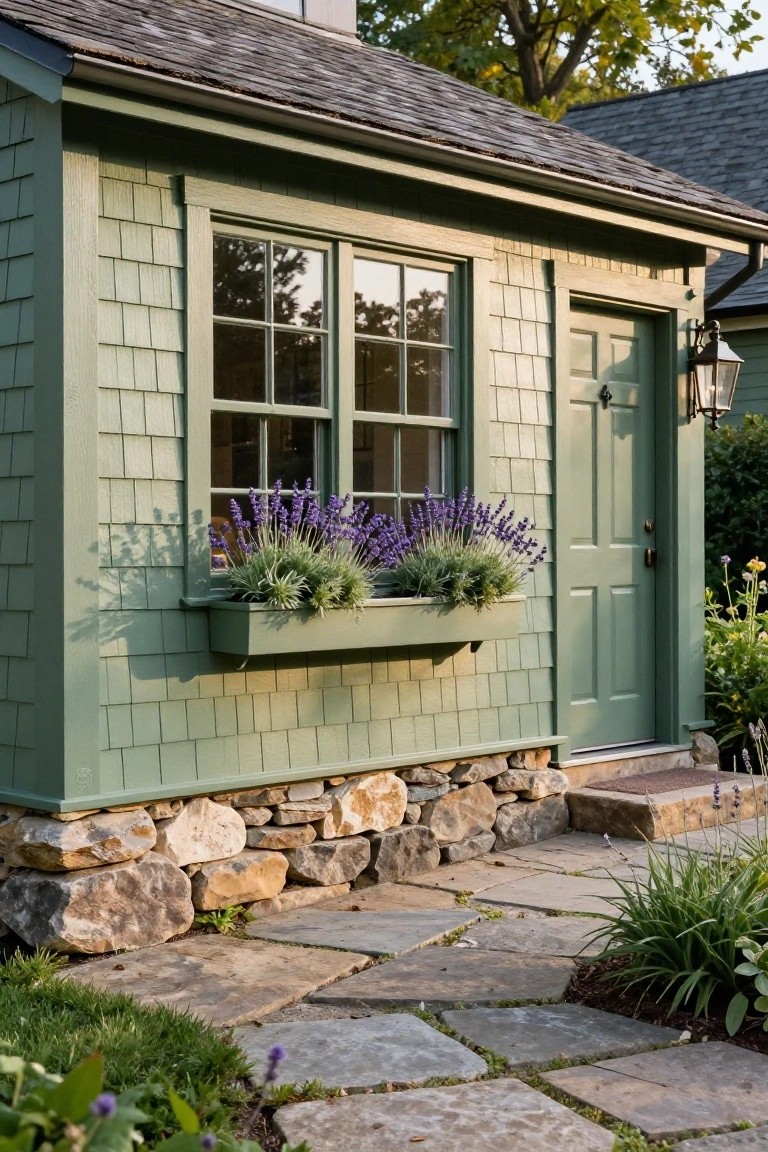 Small sage green shingled shed with divided-light window, lavender-filled window box, green door, lantern light, stone foundation, and flagstone path in a garden setting.
