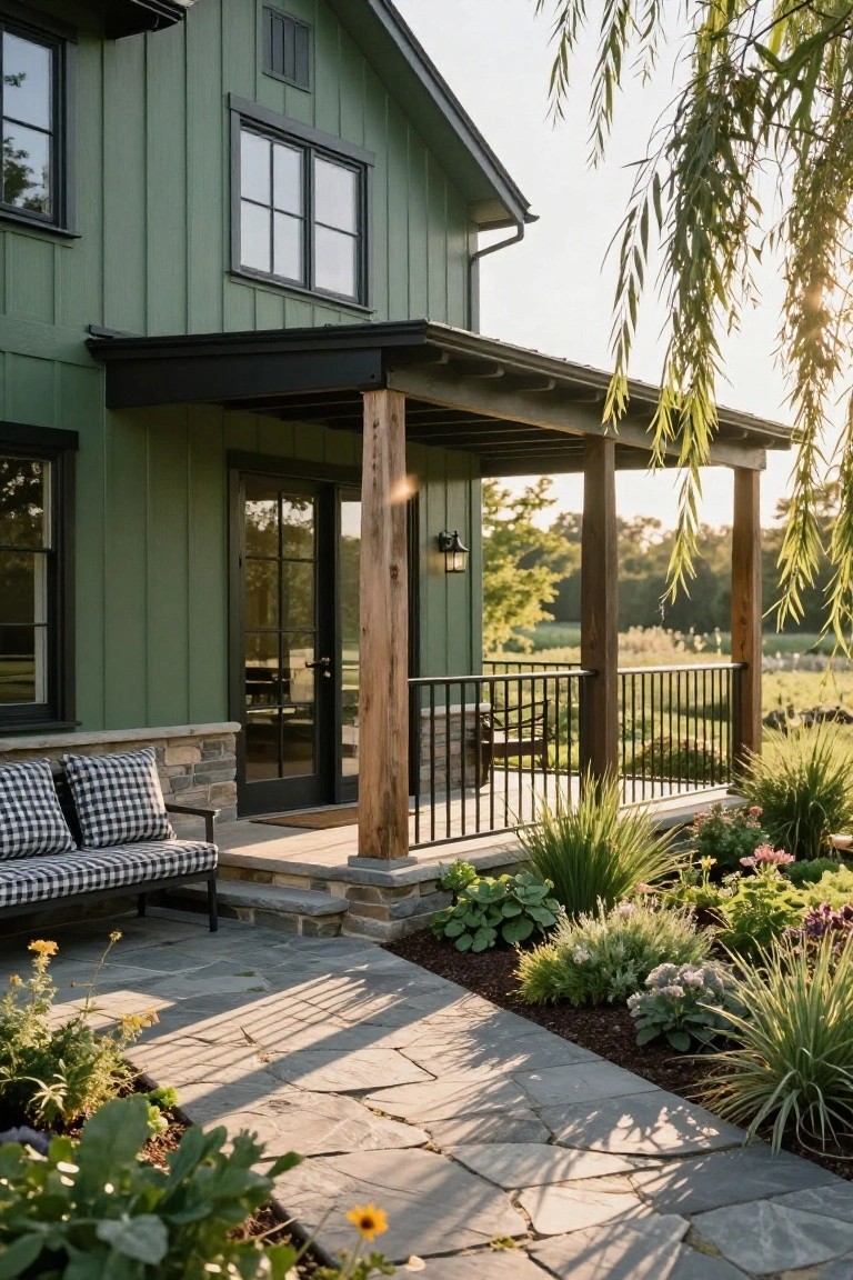 Sage green vertical board siding on a gabled house exterior with black window and door frames, covered porch supported by wood posts and black railing, checkered cushions on metal-frame bench, stone steps, and garden plantings along a flagstone path.