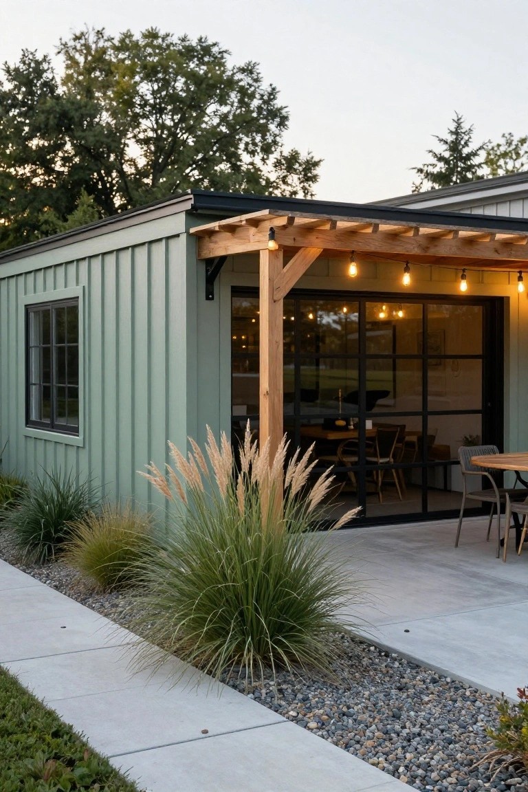 Sage green clapboard-sided rectangular building with black-framed windows and sliding glass doors, attached wooden pergola over a concrete patio, surrounded by pampas grass and gravel bed along a walkway.