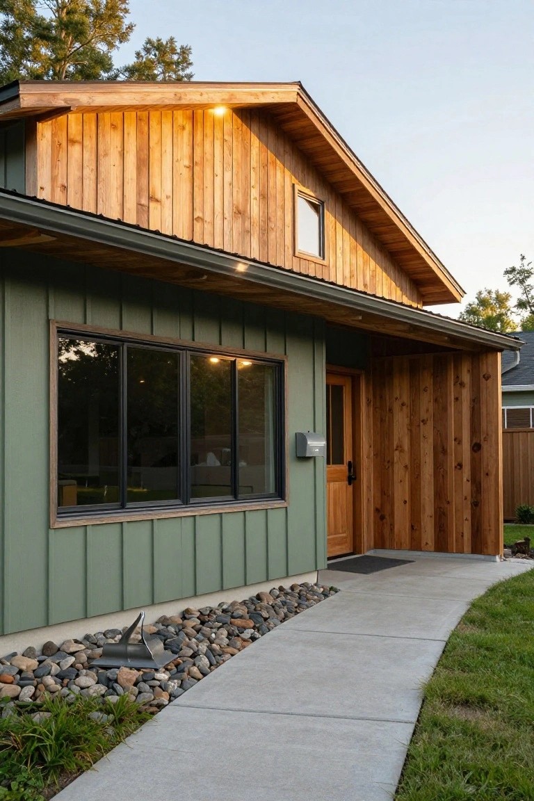 Sage Green Siding with Wood Accents