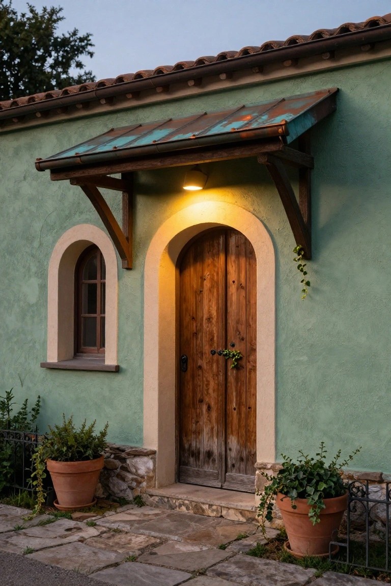Sage green stucco house exterior with arched wooden front door, small arched window beside it, rusted copper awning overhead, potted plants on stone base, and flagstone pathway leading up.