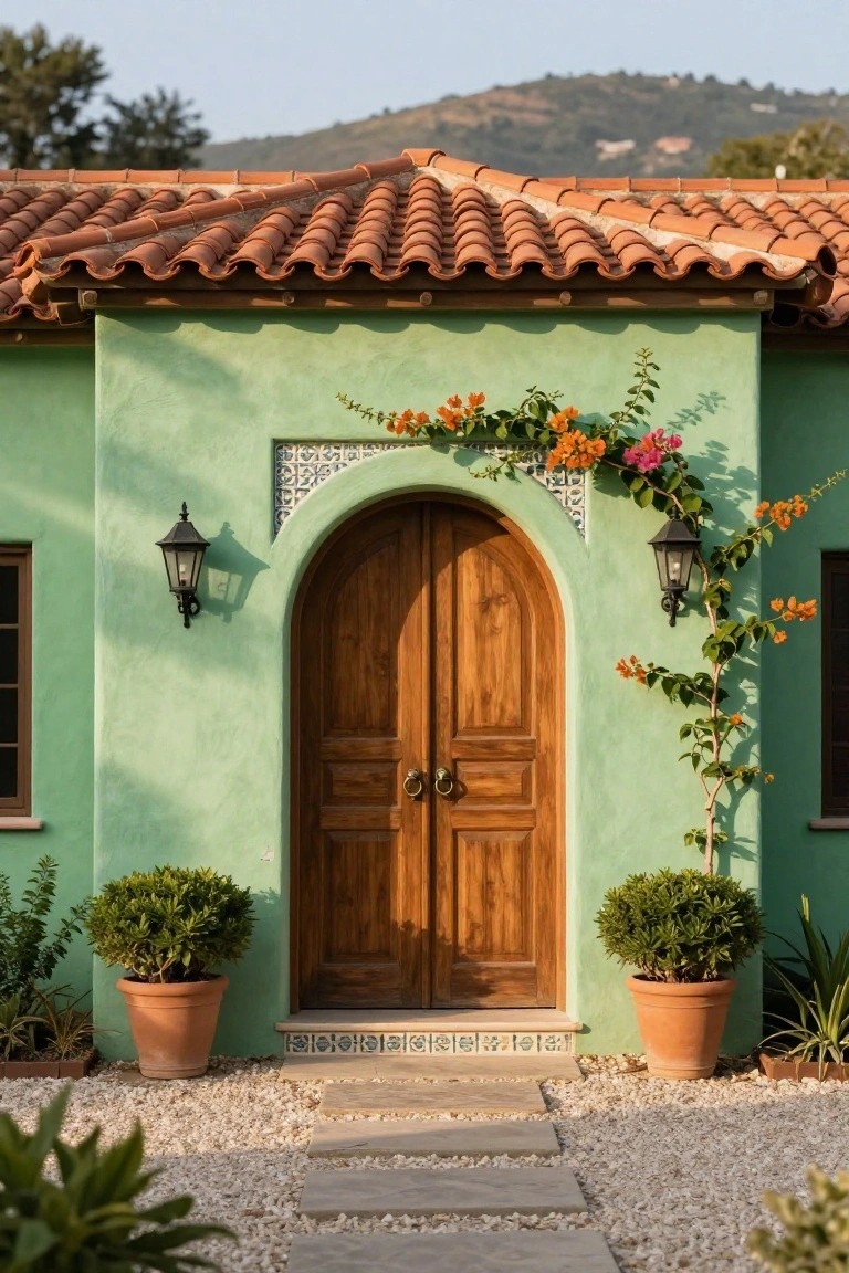 Sage green stucco house facade with terracotta tile roof, arched wooden double door entry, wrought iron lanterns, tiled archway details, bougainvillea vines, potted boxwoods, and gravel path with stone steps.