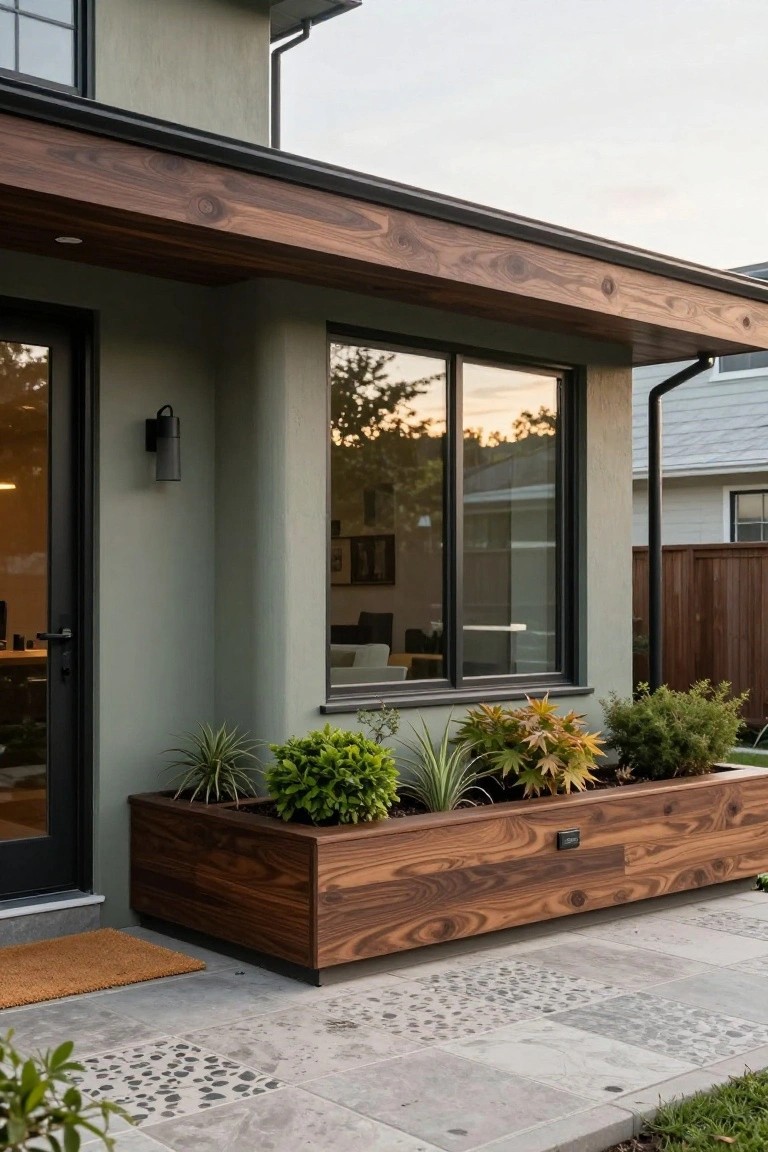 Side exterior view of a sage green stucco house featuring a black metal door, large window, overhanging wood beam, wooden planter box with plants, and pebble-inlaid patio tiles.