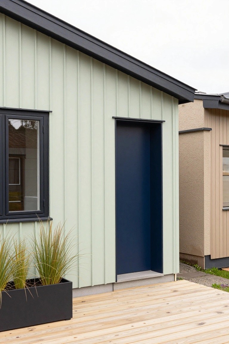 Small modern outbuilding with light sage green vertical siding, black metal roof, dark blue entry door, black-framed window, black planter with ornamental grasses, and wooden deck adjacent to a beige building.
