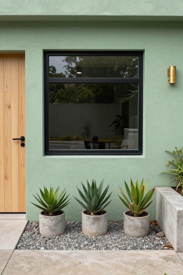 Sage green stucco house wall with light wooden entry door, black-framed window, gold wall light, and three agave plants in gray concrete pots on gravel ground next to a concrete raised bed.