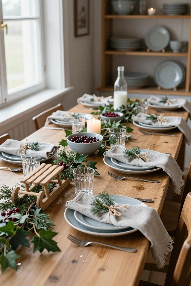 Close-up view of a wooden dining table set for Christmas with a greenery garland runner including ivy, pine, and red berries, a wooden sleigh centerpiece, gray plates, linen napkins tied with twine and pine sprigs, glassware, and candles.